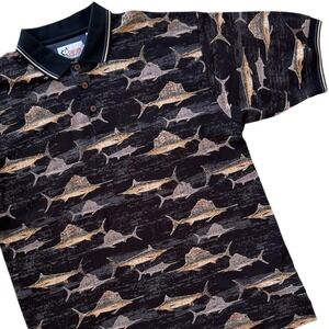 World Wide Sportsman XL Black Marlin Print Sport Fishing‎ Top Men's Polo Shirt